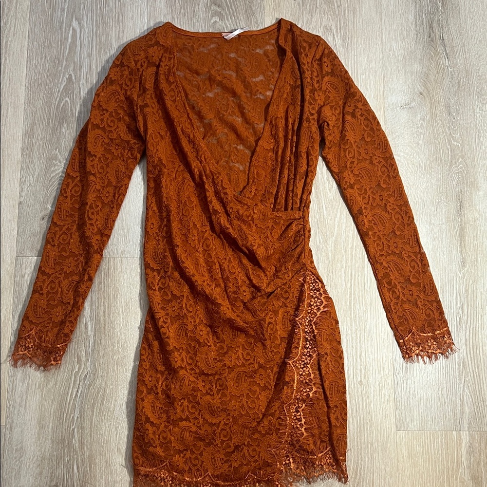 Free People Spanish chestnut Lace Long-Sleeve Wrap Dress